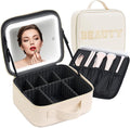 Makeup Bag with LED Mirror – Travel Cosmetic Organizer with Lighted Mirror, Adjustable Dividers & Brush Holder Storage – Portable PU Leather Makeup Case for Women & Girls - Cream