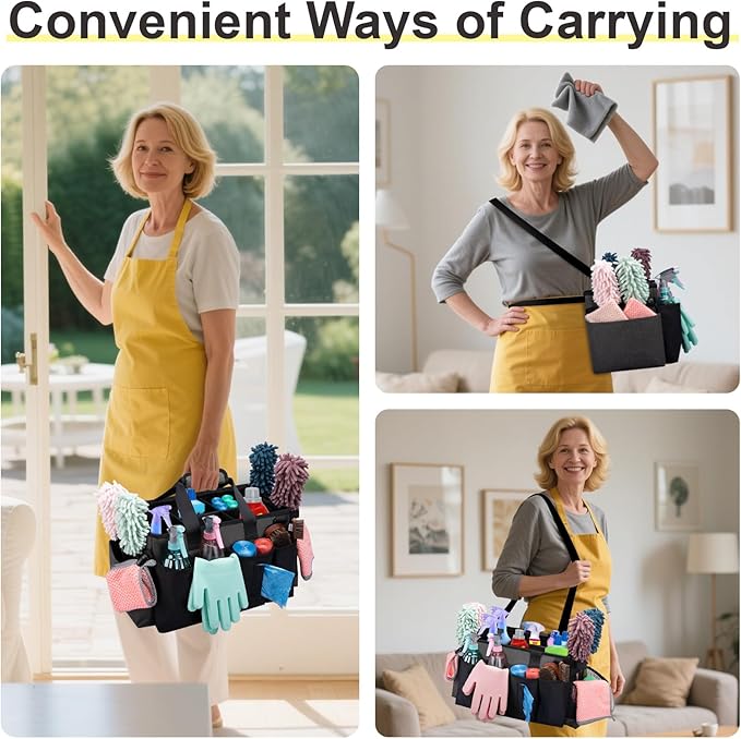Wearable Large Cleaning Caddy Bag for Housekeeper, Clean Supply Organizer with Adjustable Shoulder, Waist & Handle Straps, Detailing Bag for Kitchen Supplies (Black&Gray)