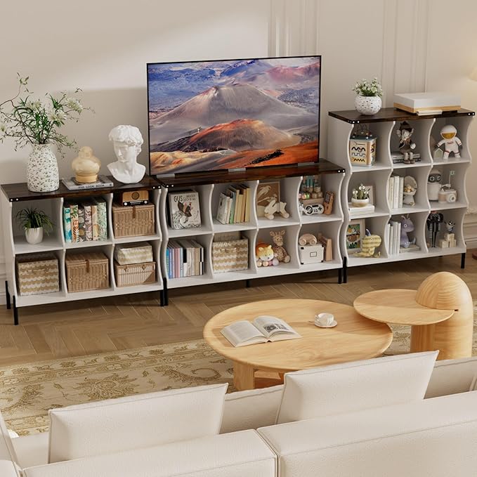 6 Cube Storage Shelf Organizer, Low Book Shelf Bookcase Entryway Table, Wood Closet Storage Display Cabinet TV Stand for Living Room, Office,Bedroom, Dorm, White with Dark Brown Top