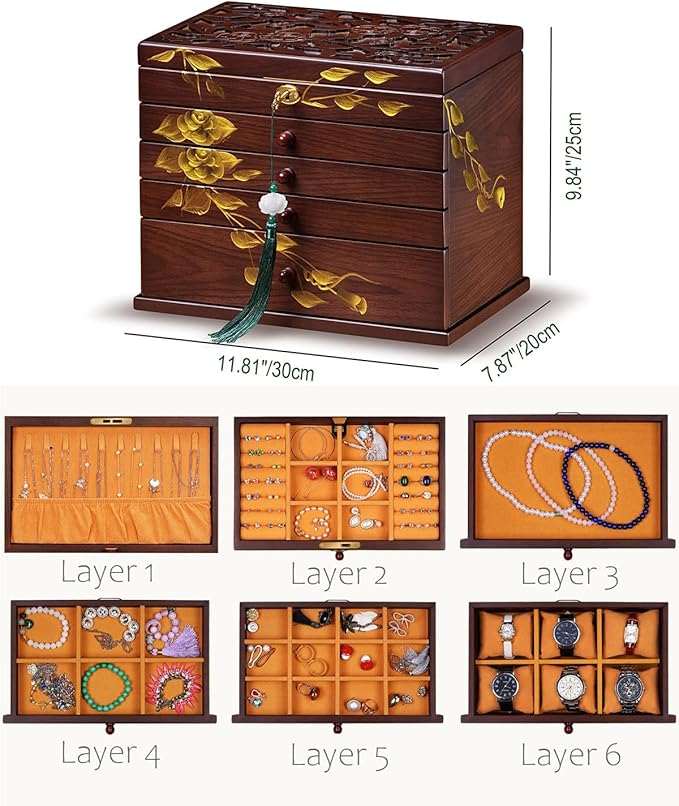 Hand-drawn rose Jewelry Box Wood for Wowen,6-Layer Wooden Jewelry Organizer Boxes with 4 Drawers dresser, Vintage Multi-functional Jewelry Storage Case with lock