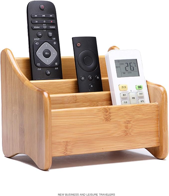 VolksRose Desk Remote Control Holder Multi-Function Coffee Table Office Supplies Storage Organizer, Home Sundries Bamboo Storage Box with 3 Compartments Perfect for Makeup, TV Guide, Pen, Caddy #1