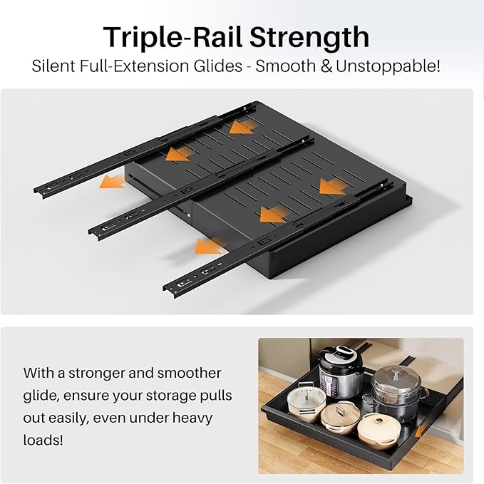 Pull out Cabinet Organizer, 2-Pack Expandable(13.6"-24") Silde out Drawers with Raising Pad for Framed Cabinets, Adjustable Full-Extension Adhesive Roll out Shelves for Kitchen Pantry Home Pot and Pan