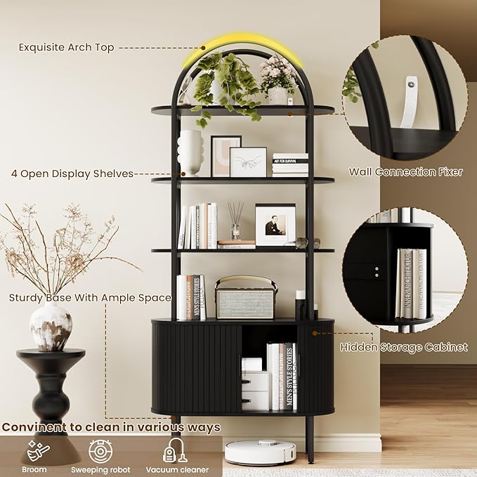 BREEZEHEAT 71" Tall Fluted Arched Bookshelf, Modern Bookshelf with Sliding Tambour Doors, 4-Tier Storage Shelf, and Metal Frame, Curved Cabinet for Living Room, Home Office, Bedroom, Black