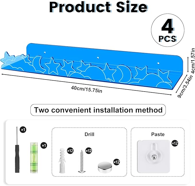 Floating Shelves for Wall,4 Pack 15.7’’x 3.5’’Adhesive Acrylic Shelves Organizer for Book Toy Photo Makeup,Wall-Mounted Kids Storage for Bathroom,Bedroom,Nursery,Blue Star and Moon