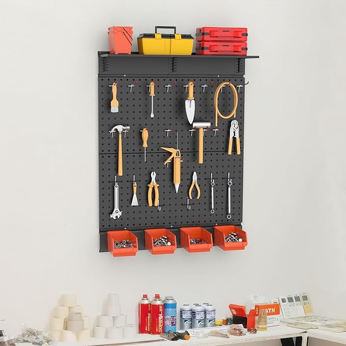 TORACK Garage Metal Pegboard with Accessories, Tools Organizer Peg Board with Pegboard Hooks, Bins, Tool Storage Pegboards for Wall(Black)