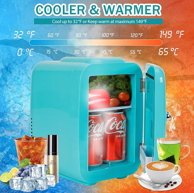 CAYNEL Mini Fridge, 4 Liter/ 6 Cans Small Refrigerator for Bedroom, 110V AC/ 12V DC Thermoelectric Cooler and Warmer for Drink Office Dorm Car, Blue