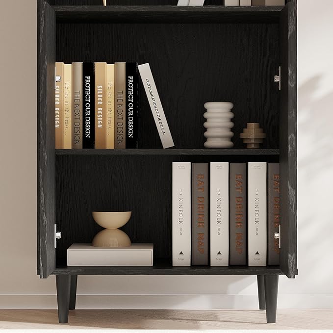 TUSY 70.9“ H Bookcase with Doors, 6-Tier Bookshelf with Open Shelf, Display Curio Cabinet with Glass Door, Narrow Display Bookcase for Home, Office, Clinic, Pantry (Black)