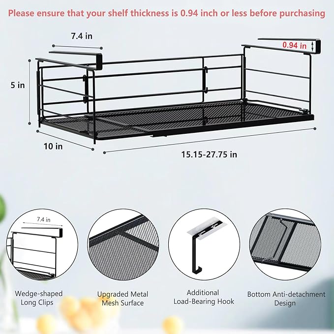 Expandable Under Cabinet Shelf, Extendable Under Shelf Storage with Removable Wire-Like Back for Pantry Cabinet, Laundry Room, Shoe Rack. (Black, 1 Pack, Interior: 5" H x 10" D)