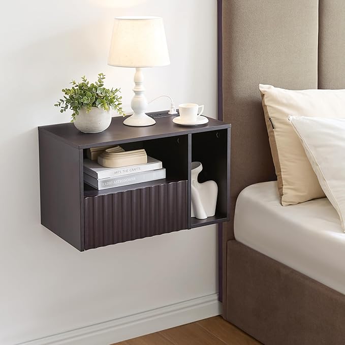 Modern Espresso Fluted Floating Nightstand with Charging Station, NightStand with Drawers, Bedside with USB Ports and Outlets, Bedroom Furniture (Right)
