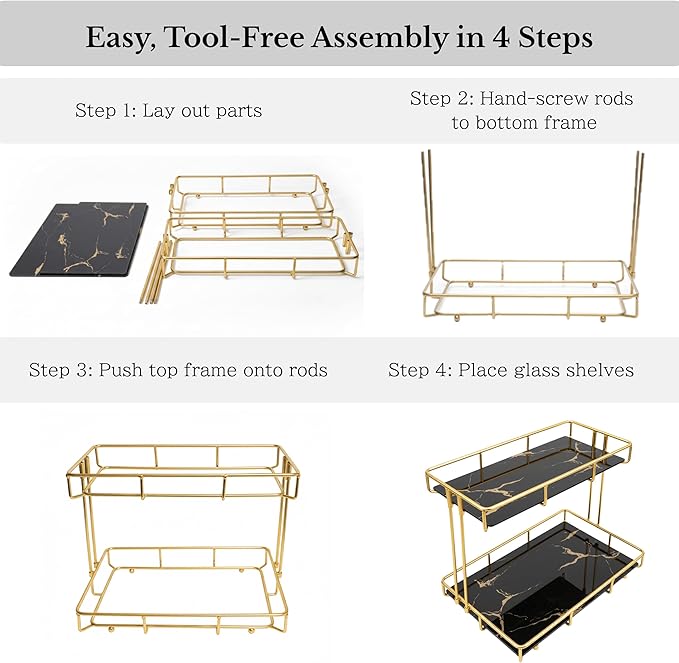 2-Tier Black Marble Bathroom Countertop Organizer – Glass Shelves & Gold Metal Frame, Stylish Vanity Storage Shelf for Perfume, Skincare, Makeup & Toiletries