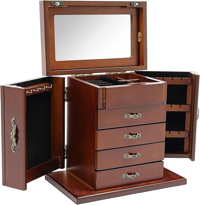 4-Drawer Wooden Jewelry Box, Wood Jewelry Organizer with 2 Side Doors and Mirror, Vintage Brown Finish Storage Case for Women Girls Gift Ready Watch Necklace Ring Earring