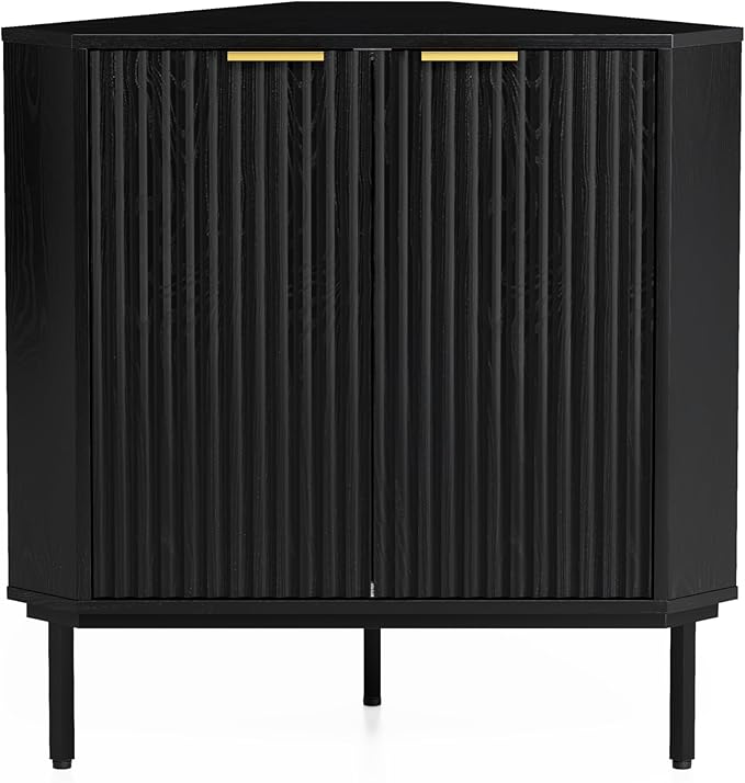 Modern Fluted Corner Cabinet, Wooden Small Floor Storage Cabinet with Adjustable Shelf & Metal Legs, Freestanding Narrow Organizer for Living Room Kitchen, Black