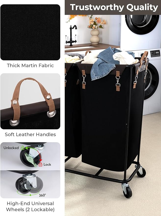 StorageWorks 390L Extra Large Lanudry Hamper with Wheels, Laundry Basket with Wheels 2 Sections, Clothes Sorter Cart with Divider for Hotel, Home, Black, 1-Pack