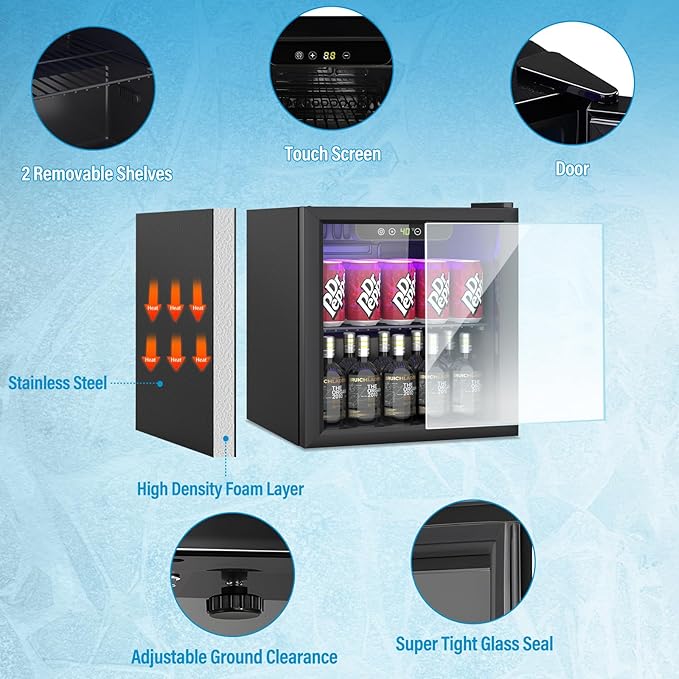 1.3 Cubic Feet Mini Fridge, 60 Can Freestanding Beverage Refrigerator with Glass Front Door for Soda, Beer Under Counter Small Refrigerator with Adjustable Shelves and Digital Display(Black)