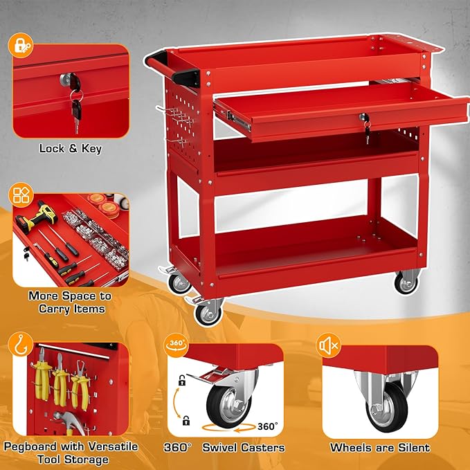 3 Tier Tool Cart on Wheels with Drawers - Three Tier Rolling Cart with Lockable Storage - Mechanic Tool Chest - Tool Chest with Wheels Used in Garage, Indoors, Workshop (Red)