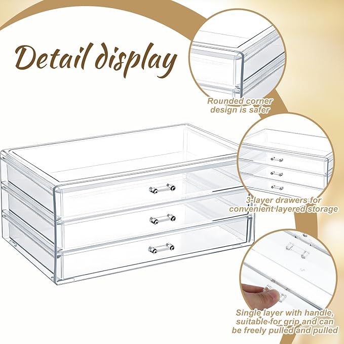 Acrylic Drawers Stackable, 9.3 X 5.3 X 4 Inch Stackable Makeup Organizer Acrylic 3 Drawer Storage Organizers Clear Stationery Organizer for Dresser, Bathroom, Vanity, Countertop