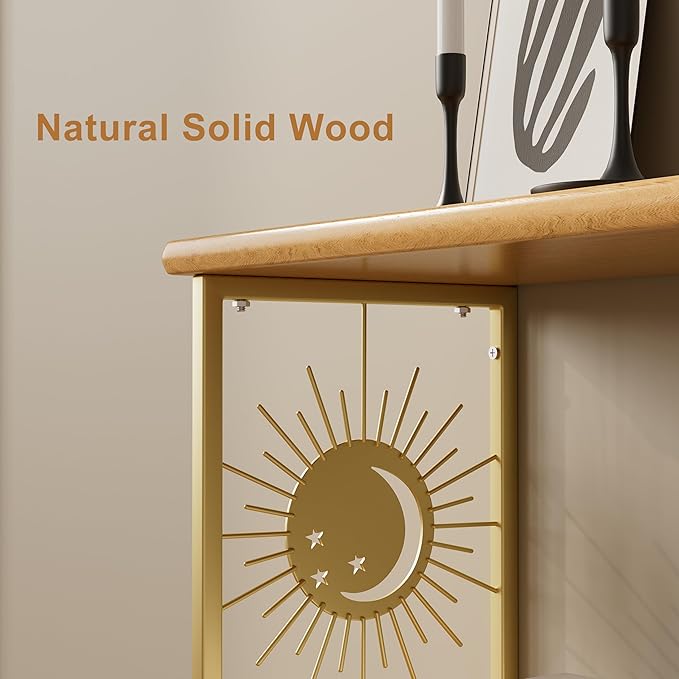 Floating Nightstand Set of 2 - Natural Solid Wood Night Stand, Wall Mounted Bedside Table 2 Tier Shelf, Modern Metal Celestial Side Floating Shelves Decor for Living Room Bedroom
