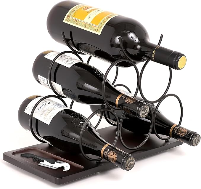 Countertop Wine Rack,Small Wine Rack and Wine Bottle Holder for 6 Bottles, Rustic Wood and Metal Freestanding Wine Organizer for Kitchen, Tabletop, or Bar