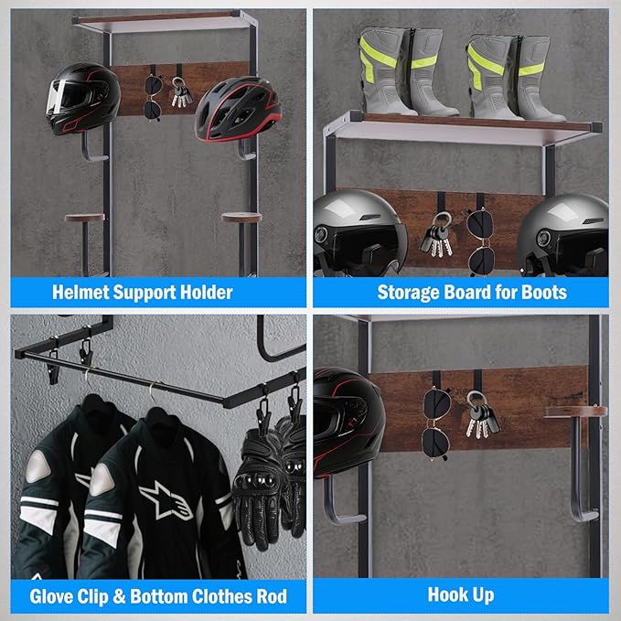 Motorcycle Helmet Holder, Durable Helmet Rack with Wooden Board, Helmet Wall Mount for Bike Accessories Storage, Vintage Black Finish for Garage Organization