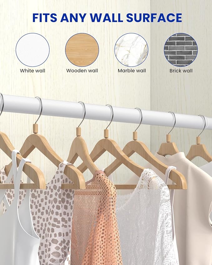 Closet Rods for Hanging Clothes, 17 to 99 Inches Stepless Adjustable Metal Closet Rod, 1.3 Inches Heavy Duty Clothes Hanging Rod for Closet Wardrobes Laundry RV, White