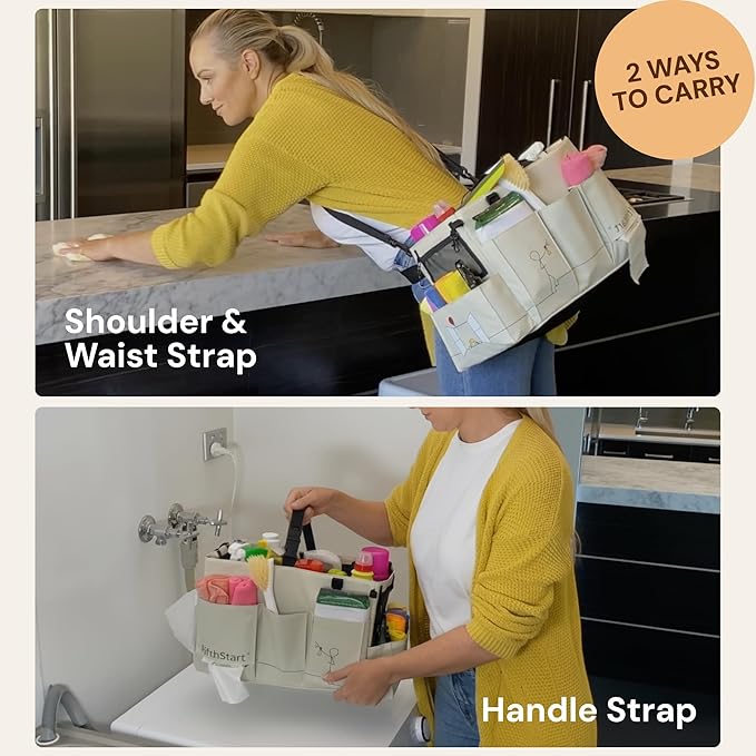 FifthStart Multiuse Cleaning Caddy - Adjustable Straps & Caddy Organizer with Handle - Mesh Base & 9 Pockets Organizer Bag - 5 Dividers & Washable Fabric Cleaning Tote (beige, XL)
