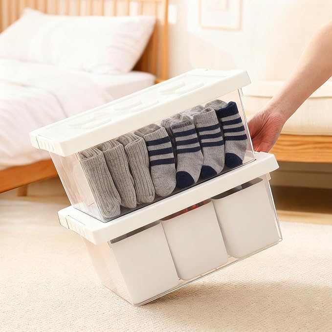 loobuu Plastic Storage Bins with Lids, Art Craft Supply Organizer Box with Brush Pot, Multipurpose Stackable Storage Containers for Organizing Tool, Craft, Crayon,Sewing(White)