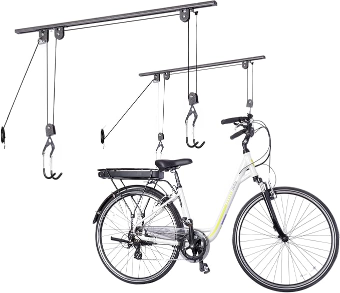 Bike Hoist- Heavy Duty for Space Saving - Road, Commuter & Mountain Bikes, Holds Kayaks & Ladders - No-Hassle Installation for Quick & Easy Access