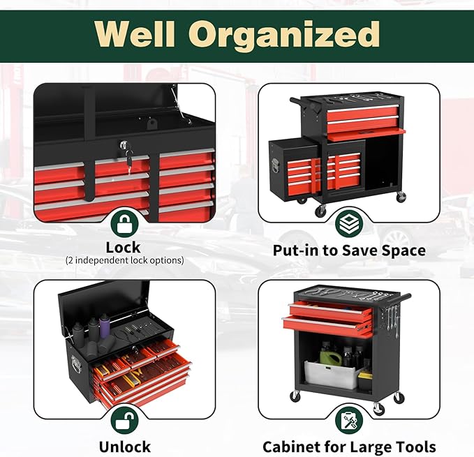 8-Drawer Heavy Duty Tool Chest with Wheels - Industrial Rolling Tool Box, Lockable Drawers & Smooth Glide System for Mechanics, Garage, Auto Repair Shop(BlackRed)