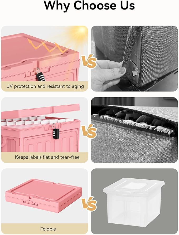 Oterri Plastic File Box with Lid for Letter Size File Folders, Hanging File Folder Box Collapsible File Organizer, File Cabinet Document Organization Home, Office (Pink, Large-2 Pack Without Folders)