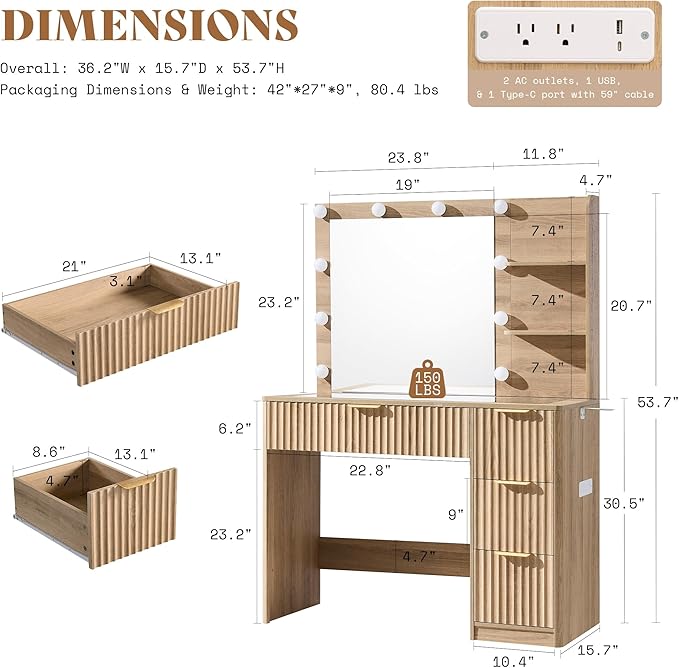 AMERLIFE 36.2" Fluted Vanity Desk with Mirror and Adjustable LED Lights, Large 4 Drawers Makeup Table with Glass Top and Charging Station for Women and Girls, Bedroom or Dorm, Natural Oak