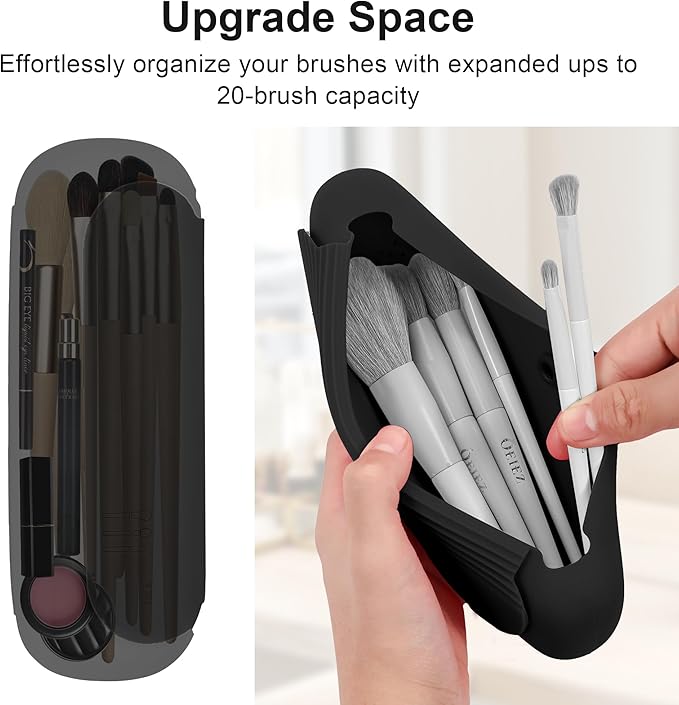 Silicone Travel Makeup Brush Holder for Women with Magnetic Closure and Built-in Brush Cleaner, Washable Cosmetic Organizer, Gift-Ready Pouch, Black