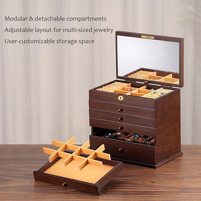 Vintage Rustic Wooden Jewelry Organizer boxes with 5 Drawers & Lock | Large Storage Box for Necklaces, Rings, Earrings | Handcrafted Gift for Women