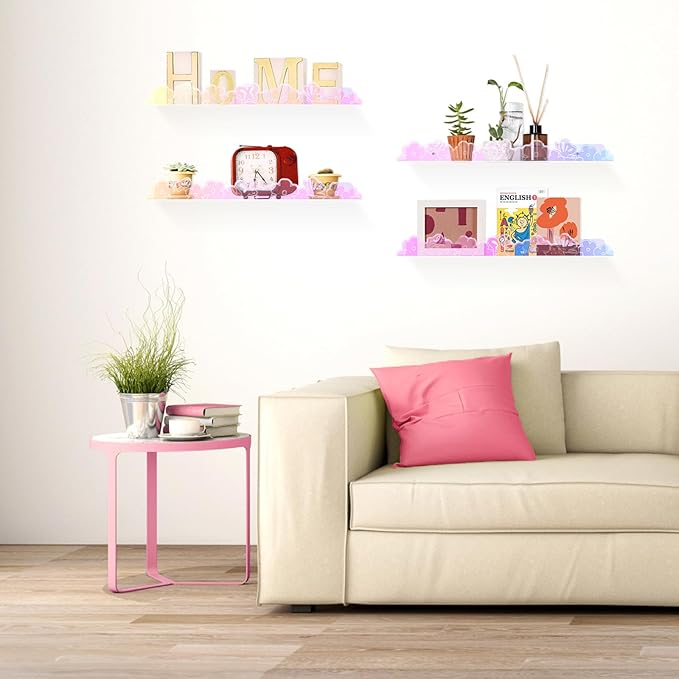 Floating Shelves for Wall,4 Pack 15.7’’x 3.5’’Adhesive Acrylic Shelves Organizer for Book Toy Photo Makeup,Wall-Mounted Kids Storage for Bathroom,Bedroom,Nursery,Iridescent Butterfly