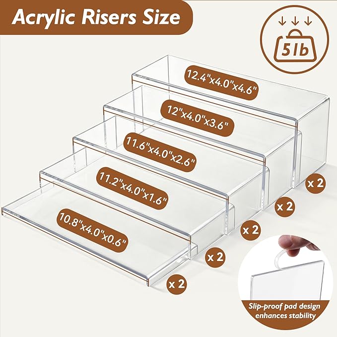 Large Acrylic Display Risers, 2 Set - 10 Pack Collectibles Display Shelf, Acrylic Risers Display Stands for Show Figures, Cupcake, Perfume, Jewelry, Toys(12.4”L~12”L~11.6”L~11.2”L~10.8”L)
