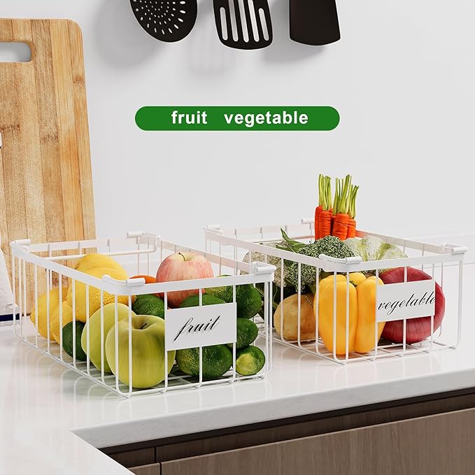 3 Pack Stackable Wire Storage Baskets With Tag, Freezer Organizer Bins for Most 7 Cu.FT Freezer Sort Frozen Meats, Deep Freezer Organizer Bins with Handle Add Space Easy Reach, White