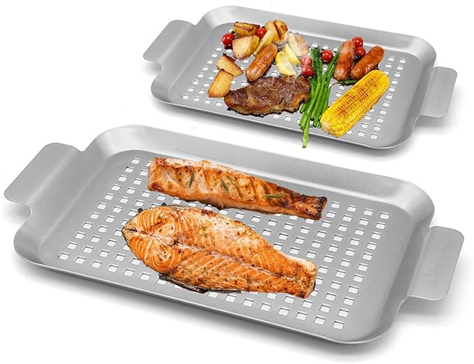Grill Topper Non-Stick Stainless Steel BBQ Tray with Holes Outdoor Grilling Pans for Meat Vegetables Set of 2 (16.5" x10" and 13"x7.4")