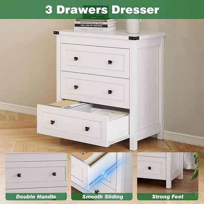 Dresser for Bedroom with 3 Drawers, Small Chests of Drawers, 27.55" Wide Farmhouse Wood Nightstand Bedside Cabinet End Table, Modern Closet Storage Organizer for Living Room, Entryway, Hallway, White