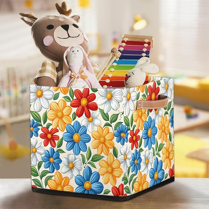 TropicalLife 13x13x13 Inch Large Fabric Storage Cube Boho Flower Foldable Storage Bin with Handles Organizer Boxes Cube Basket for Shelves Organizing Closet