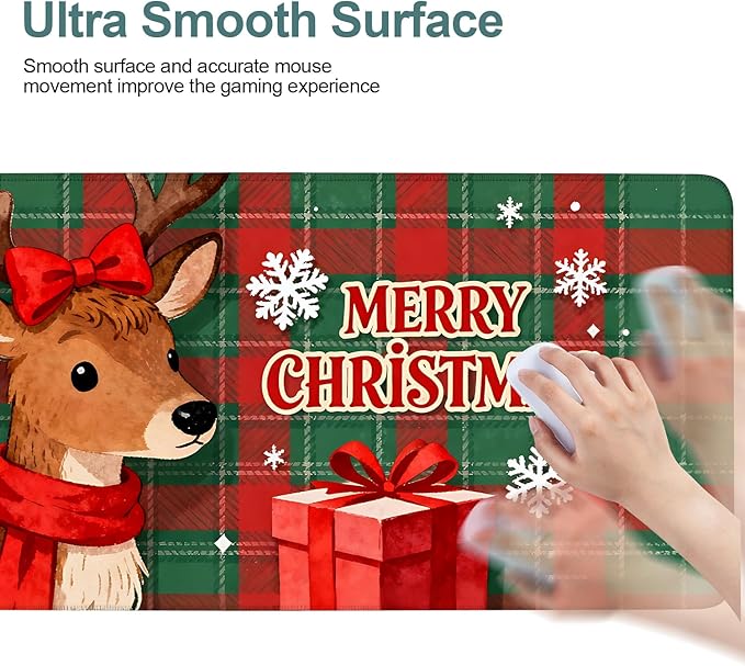 Merry Christmas-Elk Gaming Mouse Pad 35.4"x15.7"Desk Mat Anti-Slip Rubber Base & Durable Stitched Edges for Gamers Smooth Mouse Writing Surface for Desk Office/Home
