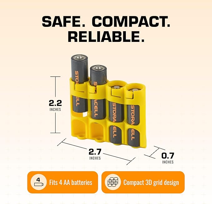 Storacell by Powerpax Slimline AA Battery Storage Caddy, Yellow - Holds 4 Batteries (Not Included)