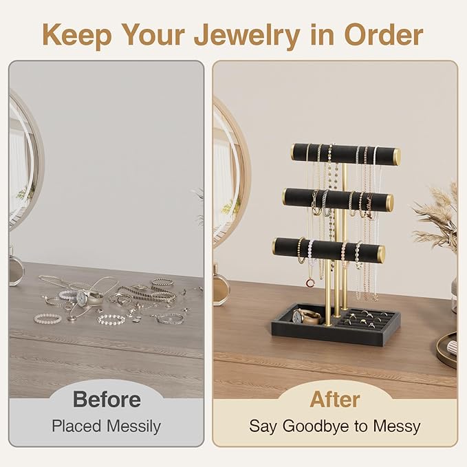 3 Tier Bracelet Holder Display - Detachable T Bar Black Velvet Bracelet Holder, Jewelry Holder Organizer for Bracelet, Necklace, Watches, Rings