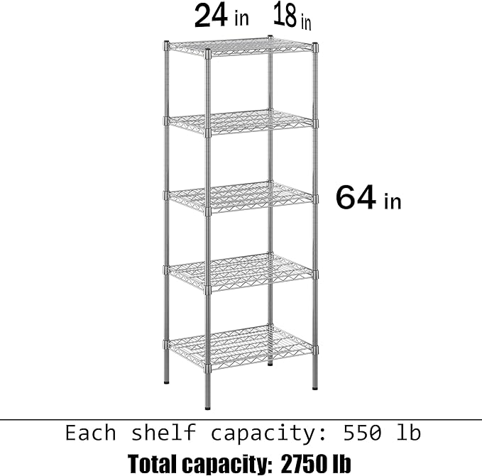 18" Deep x 24" Wide x 64" Height Wire Shelving Kit | 5-Tier | NSF Commercial Storage Rack Unit