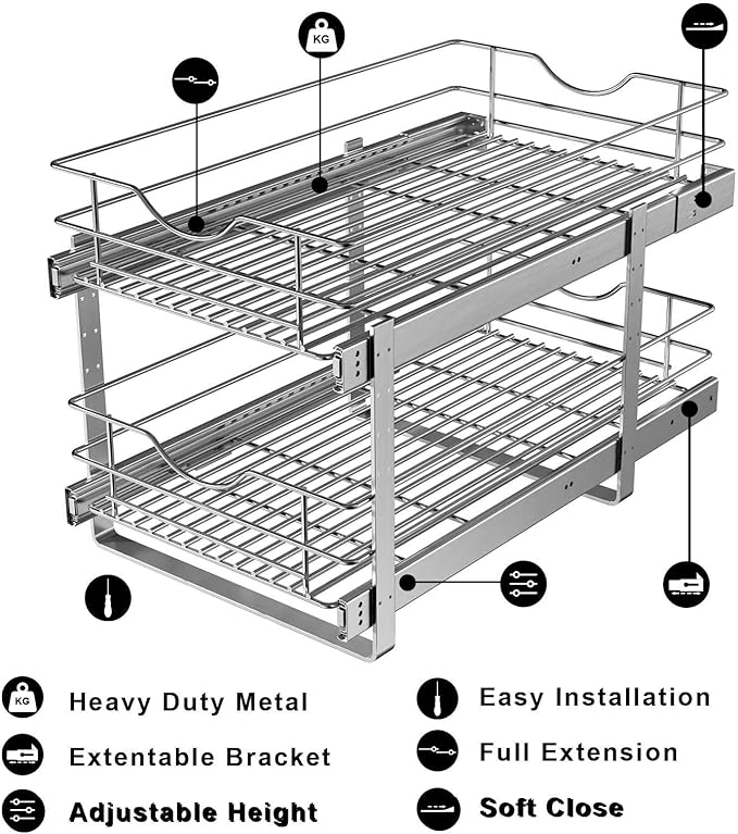 2 Tier Pull Out Cabinet Organizer,(8½"W x 22" D) Soft Close Slide Out Drawer For Kitchen Base Cabinet, Individual Pull Out Shelf, Roll Out Pantry Organization, 22 Inch Deep