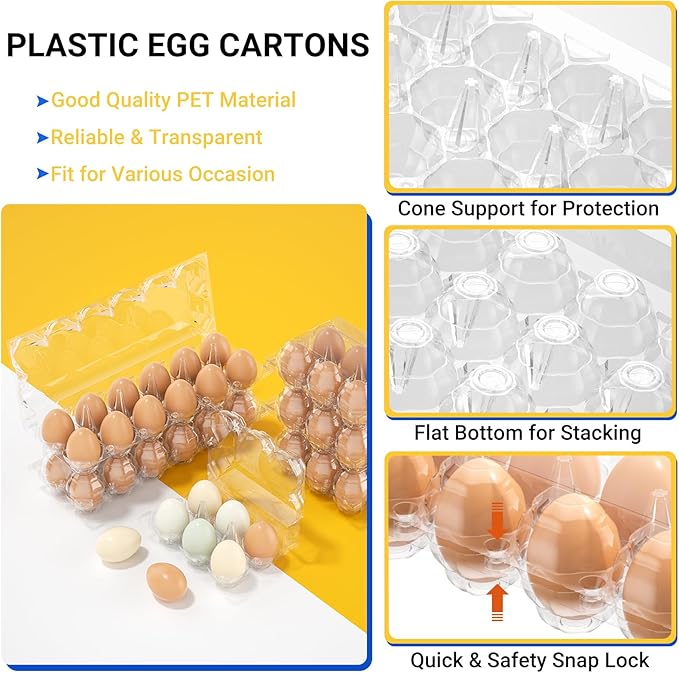 120 Pack Plastic Egg Cartons Cheap Bulk, 12 Count Clear Egg Containers for Fresh Chicken Eggs, 3x4 Grids Refrigerator Egg Trays for Refrigerator Storage, Chicken Farm, Market Display & Commercial Use
