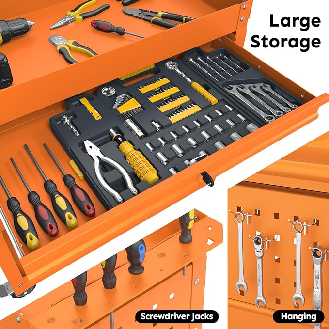 3-Tier Rolling Utility Cart, Metal Heavy Duty Utility Cart on Wheels with Lockable, 330 lb. Load Large Storage Capability Tool Cart for Garage, Warehouse, Repair Shop（Orange）