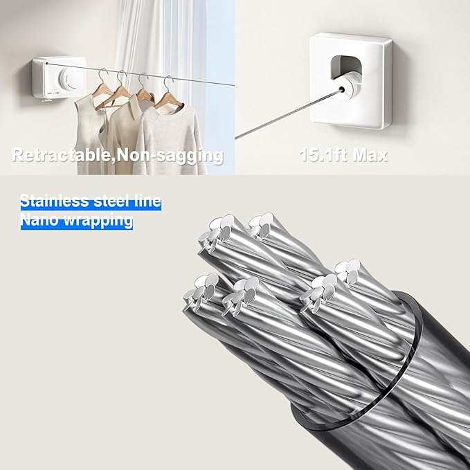 Retractable Clothesline Indoor, Non-Sagging Outdoor Clothes Line Retracting Heavy Duty Clothes Drying Laundry Line Wall Mounted Stainless Steel Line-13.8 Feets(White)