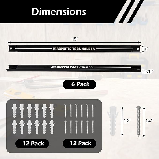 18" Magnetic Tool Holder Strip, 6 Pack Magnet Bar with Mounting Screws, Heavy Duty Magnetic Strips Tool Organizer for Garage Shop Workbench Kitchen Organization (Black)