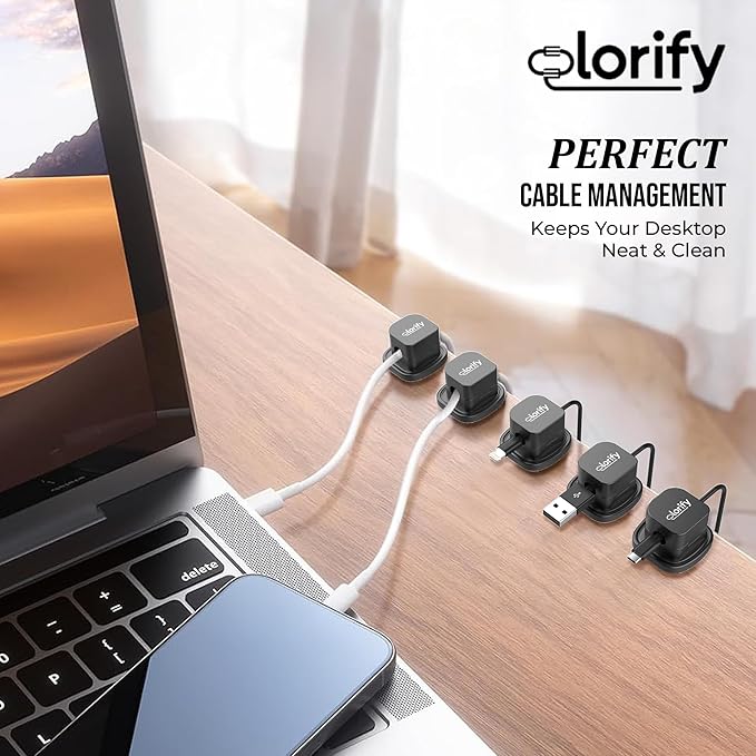 8 Pack Rotatable Cord Organizer Clips with Spring, Adhesive Charging Cords Holder for Desk, Nightstand, Laptop, Phone Charging Clips & Car Cable Management for Home & Office Use - Black