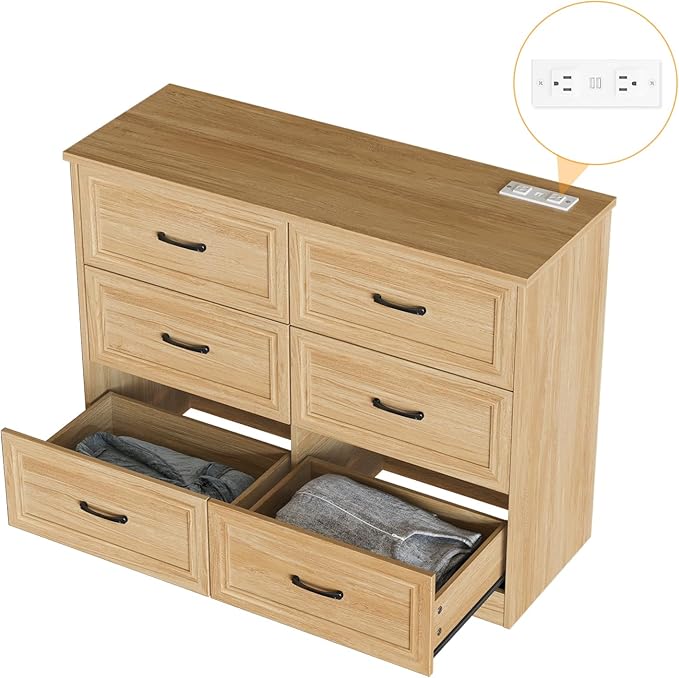 Fameill Dresser for Bedroom, 6 Drawer Wide Dresser Organizer with Charging Station for Hallway with Metal Handles, Oak