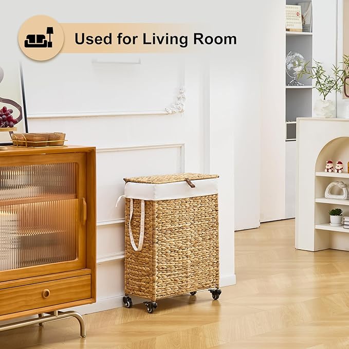 Rolling Laundry Hamper with Lid and Wheels, Slim Laundry Basket with Removable Liner Bag & 2 Mesh Bags, Handwoven Water Hyacinth Clothes Hamper for Bedroom Bathroom (Natural, 65L)